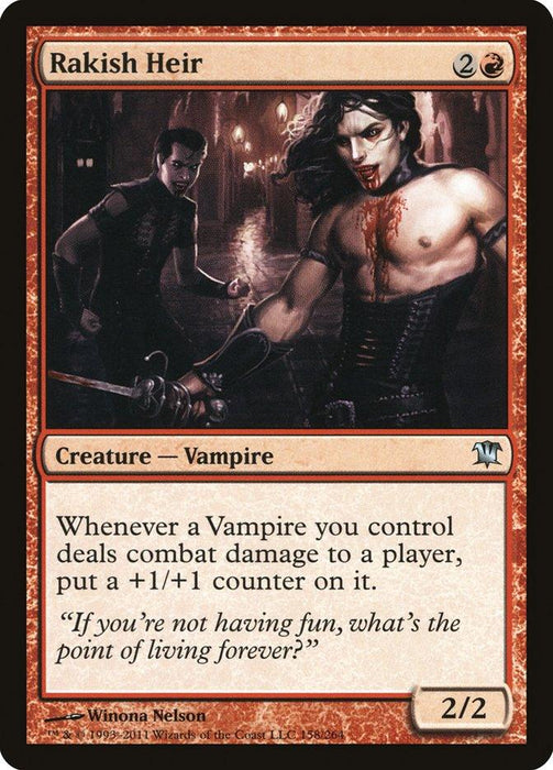 A Magic: The Gathering product titled "Rakish Heir [Innistrad]." This uncommon card features a Creature Vampire with a mana cost of 2 colorless and 1 red. The artwork shows a confident, blood-smeared vampire holding a weapon. It grants a +1/+1 counter to Vampires when they deal combat damage to a player.