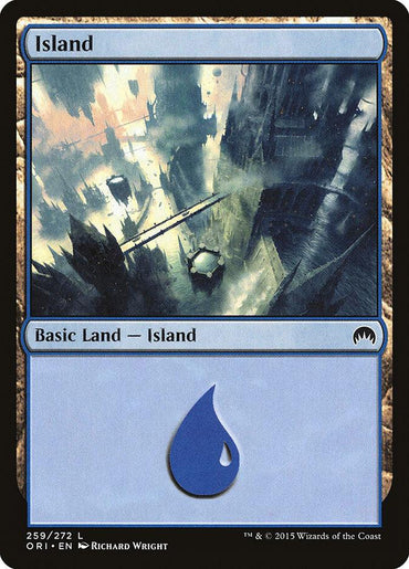 A Magic: The Gathering card titled "Island (259) [Magic Origins]" from the Magic: The Gathering set. It features abstract, jagged structures emerging from water under a cloudy sky. The black card border has blue accents, and at the bottom center is a blue water droplet symbol, indicating it is a Basic Land card of type Island.