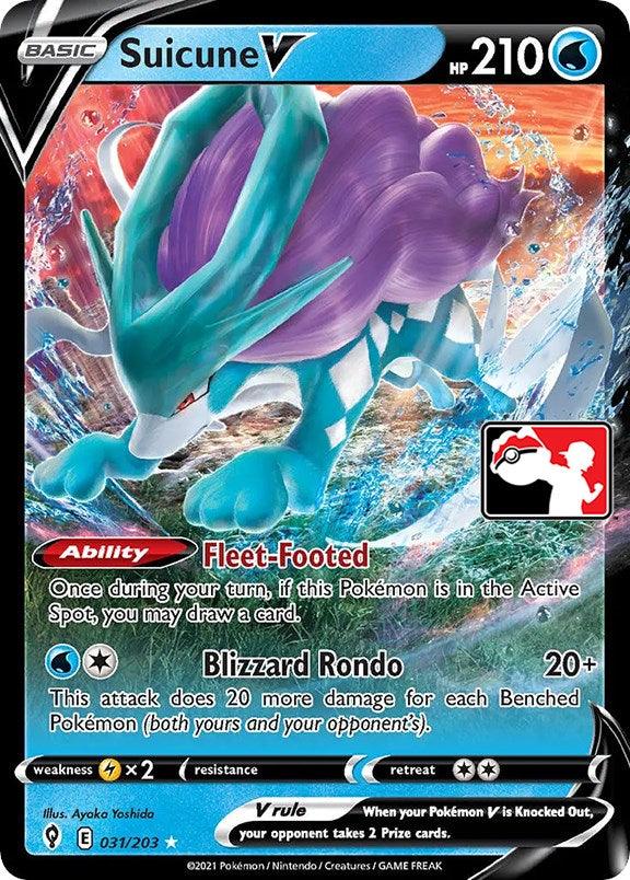 This Ultra Rare card, Suicune V (031/203) from the Pokémon Prize Pack Series One, showcases a Water-type Suicune with 210 HP. It features abilities such as 