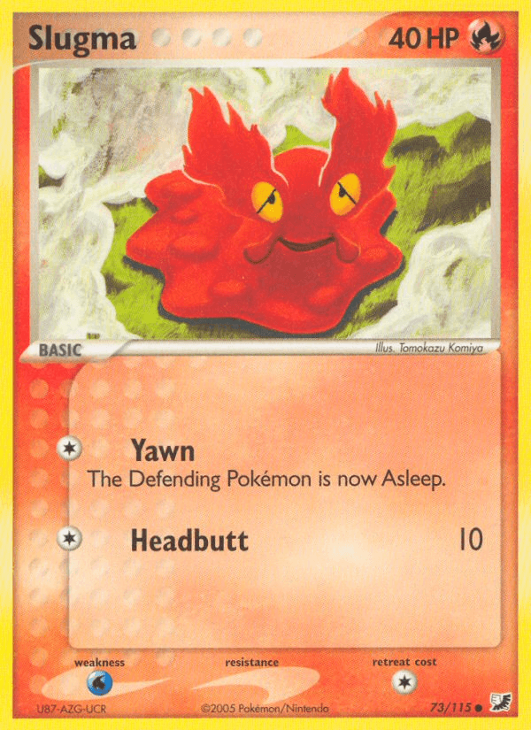 An image of a Slugma (73/115) [EX: Unseen Forces] Pokémon card from the Unseen Forces set. Slugma, a common red, slug-like creature, is depicted against a rocky background. The card has 40 HP and features two attacks: Yawn, which makes the Defending Pokémon fall asleep, and Headbutt, which deals 10 damage. It details its weaknesses and retreat cost.