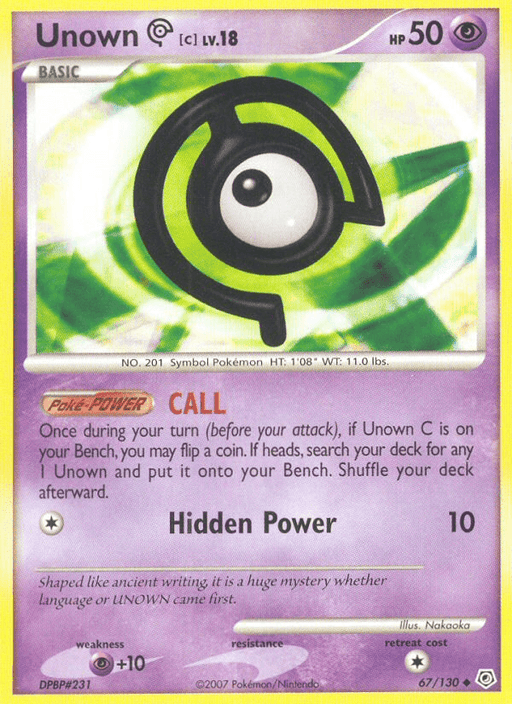 A Pokémon card from the Diamond & Pearl series featuring Unown C (67/130) [Diamond & Pearl: Base Set], a Psychic type with 50 HP. This uncommon card includes abilities like "Call" and the move "Hidden Power," dealing 10 damage. The close-up image of Unown is set against a green and black swirl background, with illustrations and stats displayed by Pokémon.