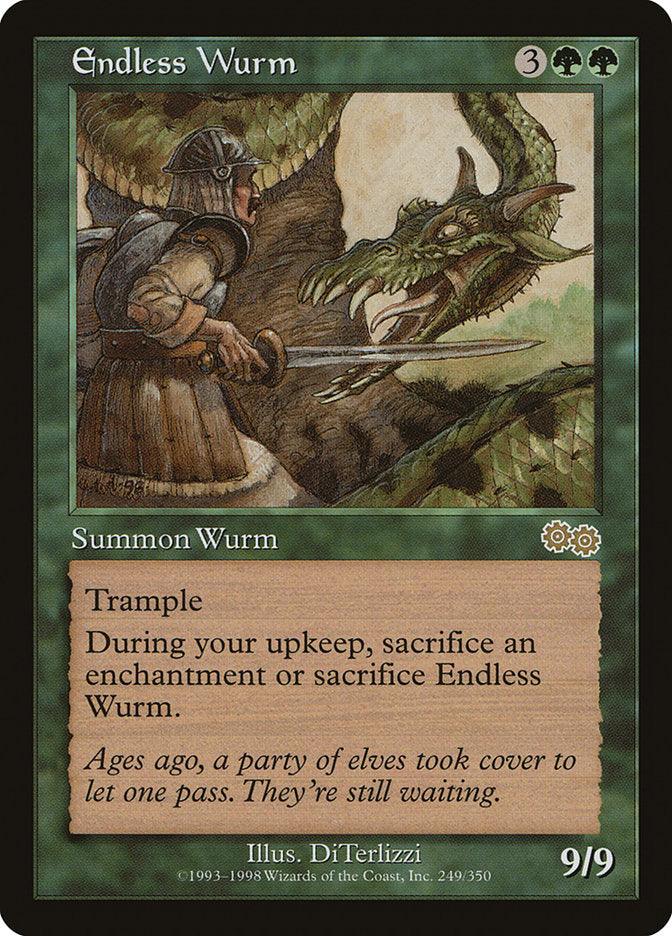 The Magic: The Gathering card "Endless Wurm [Urza's Saga]" is a rare card showcasing an illustration of a large green wurm with sharp teeth confronting a helmeted warrior with a shield. The text box highlights the creature's abilities, including trample and a special upkeep condition. This forest-themed card boasts an impressive 9/9 power/toughness.