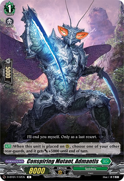 The fantasy-themed card "Conspiring Mutant, Admantis (D-BT01/112EN) [Genesis of the Five Greats]" by Bushiroad showcases an insectoid warrior clad in bright blue armor. The character boasts large insect wings and wields a glowing weapon, set against a backdrop of misty, rocky terrain. This card has Power 8000, Critical 1, and Shield 5000.