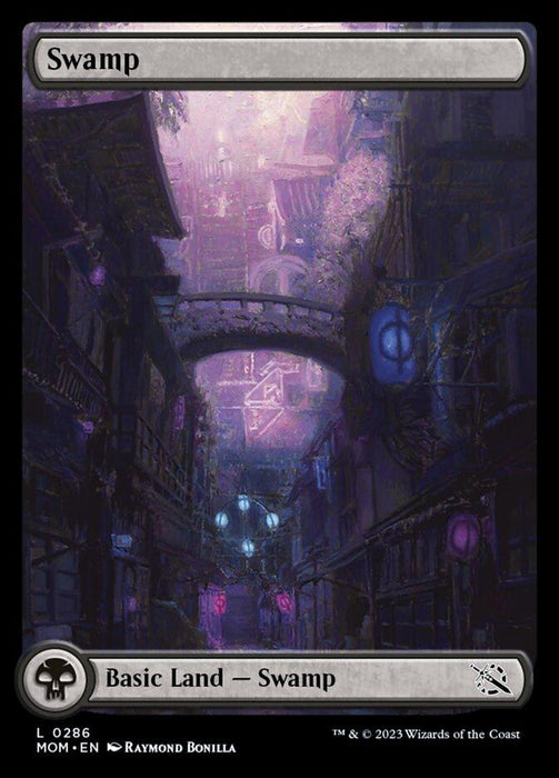 A Magic: The Gathering card titled "Swamp (286) [March of the Machine]." The artwork by Raymond Bonilla depicts a dark, atmospheric alley with arched bridges and purple-hued lighting. Mysterious symbols and ornate architecture create an eerie, enchanting ambiance. As part of the "March of the Machine" set, this Basic Land card is a Swamp.