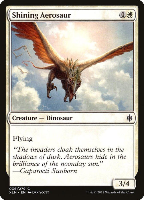 Magic: The Gathering card titled **Shining Aerosaur [Ixalan]**. This Ixalan creature is a flying dinosaur with outstretched wings against a bright sky. It has a mana cost of 4 colorless and 1 white mana, with power/toughness 3/4. Text reads: "Flying. The invaders cloak themselves...noonday sun." by Caparocti Sunborn.