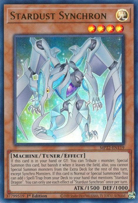 A Yu-Gi-Oh! trading card titled "Stardust Synchron [MP22-EN119] Ultra Rare" from the 2022 Tin of the Pharaoh's Gods. This Ultra Rare card portrays a blue and silver mechanical dragon with glowing cyan elements. As a Machine/Tuner/Effect type, it features 4 gold stars, a light attribute symbol, and stats of 1500 ATK and 1000 DEF.