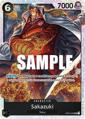 A Sakazuki [Paramount War] character card by Bandai featuring Sakazuki from the Navy, depicted with a stern expression and wearing a red coat over his shoulders. This Paramount War card has an "On Play" ability text, 7000 power, and costs 6. The word "SAMPLE" is stamped across the image.