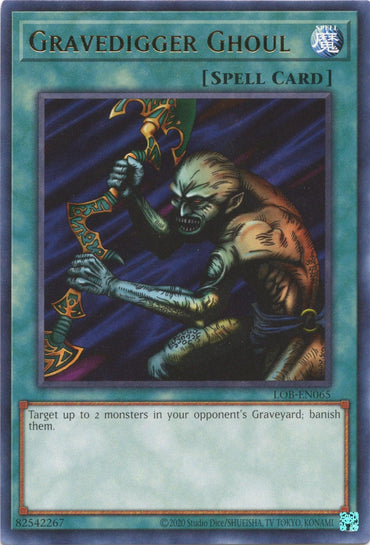 A "Yu-Gi-Oh!" Normal Spell Card named "Gravedigger Ghoul (25th Anniversary) [LOB-EN065] Rare" from the 25th Anniversary Edition. It depicts a menacing, skeletal ghoul wielding a curved blade with inscriptions. The ghoul stands against a dark, swirling background. The card description reads, "Target up to 2 monsters in your opponent's Graveyard; banish them.