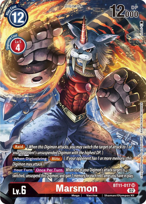 The Marsmon [BT11-017] (Alternate Art) [Dimensional Phase] Digimon card showcases Marsmon, a fierce blue-armored creature with a red mane, metallic fists, and a prominent horn. This Super Rare card details Marsmon's high stats and unique abilities in the text. The fiery background emphasizes Marsmon's power and combat readiness.