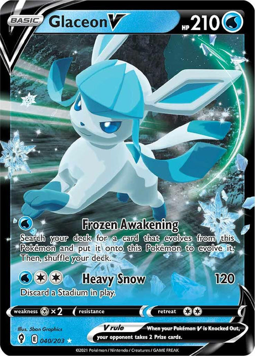 A Glaceon V (040/203) [Sword & Shield: Evolving Skies] Pokémon card. Glaceon, an ice-type Pokémon, is depicted in a dynamic pose surrounded by ice crystals. This Ultra Rare card has 210 HP and features two main attacks: "Frozen Awakening" and "Heavy Snow," costing one and three energy, respectively. The card is illustrated by 5ban Graphics.