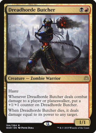 The image depicts the "Dreadhorde Butcher [War of the Spark]" card from Magic: The Gathering. A menacing Zombie Warrior wielding a flaming weapon stands against a dark, apocalyptic cityscape. The card features abilities such as "Haste" and damage-dealing effects, with a power and toughness of 1/1.