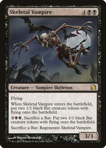 An image of the rare Magic: The Gathering card, Skeletal Vampire [Modern Masters]. The card depicts a flying vampire skeleton accompanied by bat companions, all set against a moody, cloud-filled sky. It details abilities such as creating bat tokens and regenerating by sacrificing bats. Artwork by Wayne Reynolds.