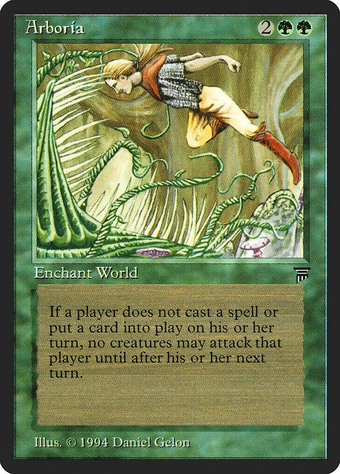 The Magic: The Gathering card from the Legends set titled "Arboria" is a World Enchantment. It features an illustration of a person in red pants and a gray tunic leaping through large, green, twisted plant structures. The card requires 2 green mana and 2 colorless mana to play. Its text specifies that creatures can't attack if no spell was cast or card played in the previous turn.