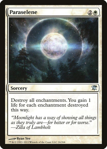 The "Paraselene [Innistrad]" card from Magic: The Gathering encapsulates the spirit of Innistrad with its depiction of a large glowing moon against a dark sky, accompanied by swirling clouds over tree silhouettes. This sorcery destroys all enchantments and offers life gain, enhanced by a mystical quote from Zilla of Lambholt.