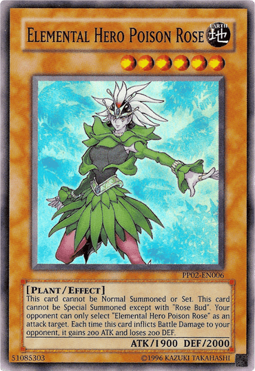 The Super Rare "Elemental Hero Poison Rose [PP02-EN006]" trading card from the "Yu-Gi-Oh!" collection showcases a plant-themed humanoid character adorned in green attire with silver hair, surrounded by a floral aura. This Effect Monster offers impressive stats with an ATK of 1900 and DEF of 2000, accompanied by a detailed description of its effects.