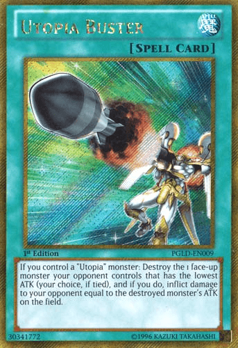 An image of the Utopia Buster [PGLD-EN009] Gold Secret Rare from the Yu-Gi-Oh! trading card game. The artwork showcases a knight in white and gold armor being targeted by a large, dark missile amidst a space-themed background with explosions. Text below details its effect on a green background labeled 