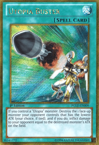 An image of the Utopia Buster [PGLD-EN009] Gold Secret Rare from the Yu-Gi-Oh! trading card game. The artwork showcases a knight in white and gold armor being targeted by a large, dark missile amidst a space-themed background with explosions. Text below details its effect on a green background labeled "Normal Spell" at the top.