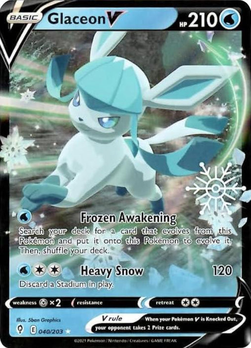A Pokémon trading card featuring Glaceon V (040/203) (Holiday Calendar) from the Sword & Shield: Evolving Skies series by Pokémon. It has 210 HP and displays Glaceon, an icy blue, fox-like creature with diamond-shaped ears and a blue scarf-like marking. As an Ultra Rare card, it details two moves: "Frozen Awakening" and "Heavy Snow," numbered 040/203 with a Weakness to