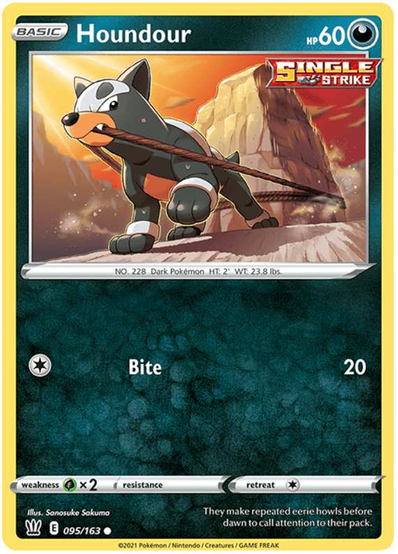 A Pokémon Houndour (095/163) [Sword & Shield: Battle Styles] trading card. The card shows Houndour, a Darkness-type canine Pokémon with black fur, white eyebrows, and a bone neckpiece. It stands on a rocky surface with a canyon in the background. The card has 60 HP and features 