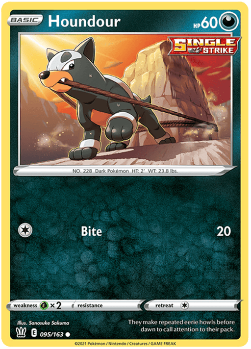 A Pokémon Houndour (095/163) [Sword & Shield: Battle Styles] trading card. The card shows Houndour, a Darkness-type canine Pokémon with black fur, white eyebrows, and a bone neckpiece. It stands on a rocky surface with a canyon in the background. The card has 60 HP and features "Bite," dealing 20 damage.