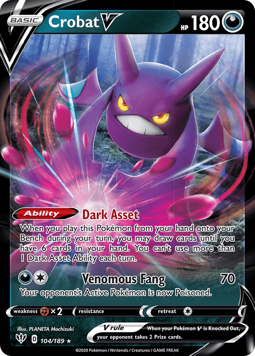 A Pokémon card of Crobat V (104/189) [Sword & Shield: Darkness Ablaze] with 180 HP, featured in the Sword & Shield: Darkness Ablaze set. This Ultra Rare card showcases a purple bat-like creature with menacing red eyes and sharp fangs. Its abilities include Dark Asset and Venomous Fang, and it’s illustrated by PLANETA Mochizuki (104/189).