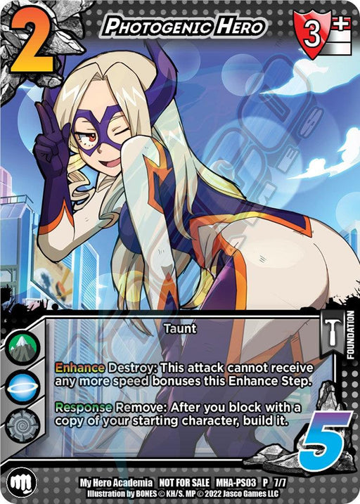 A card from the UniVersus collectible card game, titled "Photogenic Hero [Crimson Rampage Promos]." This promo card features a blonde character in a purple and orange costume, posing playfully. The foundation card has stats like a 3 difficulty rating and a 5 check value. Text includes special abilities like "Enhance: Destroy" and "Response: Remove.