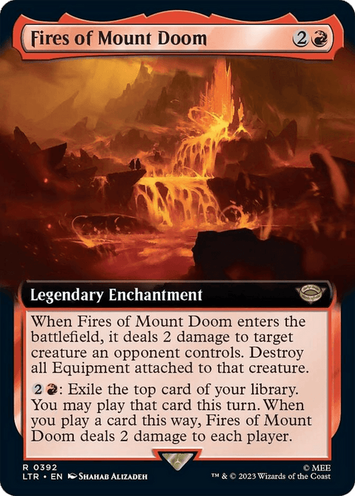 An orange-red Magic: The Gathering card titled "Fires of Mount Doom (Extended Art) [The Lord of the Rings: Tales of Middle-Earth]." The background depicts a fiery landscape with molten lava. Inspired by The Lord of the Rings, the card costs three mana (one red, two colorless) and is a Legendary Enchantment. It details two abilities, one upon entering the battlefield and one activatable ability.