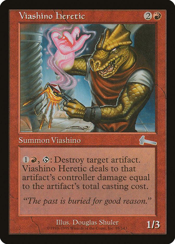 The product "Viashino Heretic [Urza's Legacy]" by Magic: The Gathering is a red card featuring a lizard-like humanoid creature casting a spell. It has 1 power and 3 toughness, with an ability to destroy artifacts and deal damage. Its flavor text reads, "The past is buried for good reason.