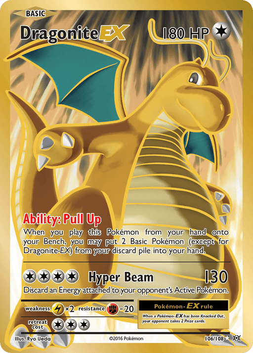 Image showing a Dragonite EX (106/108) [XY: Evolutions] Pokémon card from the Pokémon series. Dragonite is depicted in a dynamic pose with spread wings and bright yellow scales. The card details include 180 HP, the "Pull Up" ability, and the "Hyper Beam" attack which deals 130 damage. The Colorless card is numbered 106/108 and was illustrated by Ryo Ueda.