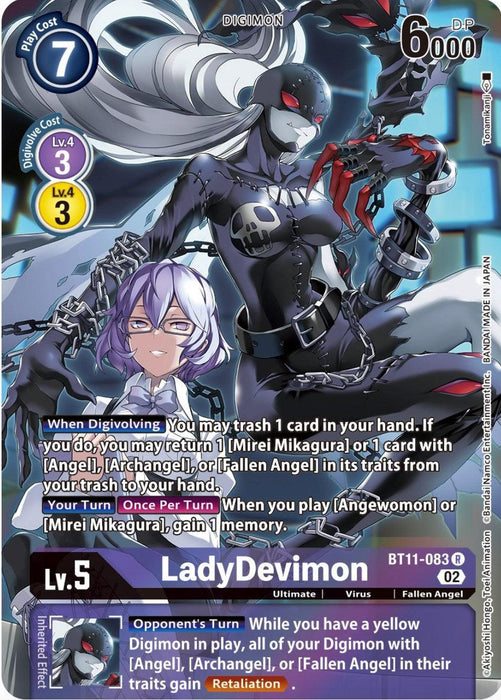 A rare Digimon trading card features LadyDevimon [BT11-083] (Alternate Art) [Dimensional Phase], a Fallen Angel with dark wings, red accents, and glowing eyes. The purple background showcases stats like Play Cost 7 and DP 6000. Text includes abilities like Retaliation and memory gain, with an anime-style character prominently in the foreground.