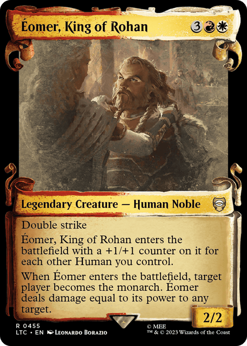 Magic: The Gathering card titled "Eomer, King of Rohan [The Lord of the Rings: Tales of Middle-Earth Commander Showcase Scrolls]" features an illustration of Éomer, a bearded man with long hair, wearing armor, and holding a sword. Inspired by *Tales of Middle-Earth*, the card has a golden border and text detailing his abilities: double strike, +1/+1 counters for each Human you control, and becoming the monarch with a
