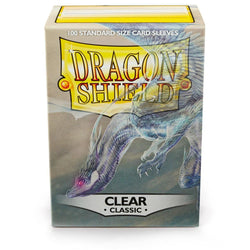 The Dragon Shield: Standard 100ct Sleeves - Clear (Classic) from Arcane Tinmen features an illustration of a translucent dragon with blue scales and red eyes flying through a cloudy sky. Ideal for card protection, the box contains 100 standard size sleeves with a glossy back finish.