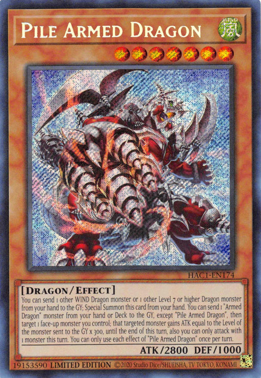 The Yu-Gi-Oh! trading card "Pile Armed Dragon [HAC1-EN174] Secret Rare" from Hidden Arsenal: Chapter 1, with serial number HAC1-EN174, depicts a mechanical dragon with metallic armor and weapons, surrounded by lightning. This Effect Monster boasts impressive stats: ATK 2800 and DEF 1000 and is labeled as a "DRAGON/EFFECT.