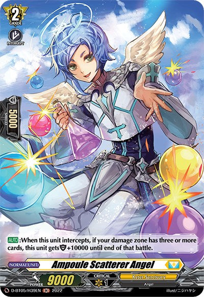 A card image featuring Ampoule Scatterer Angel (D-BT05/H39EN) from the Triumphant Return of the Brave Heroes series by Bushiroad. The humanoid character with blue hair is dressed in a white and blue high-tech outfit, holding two colorful vials and surrounded by vibrant energy. The card includes stats and abilities text set against the Keter Sanctuary backdrop.