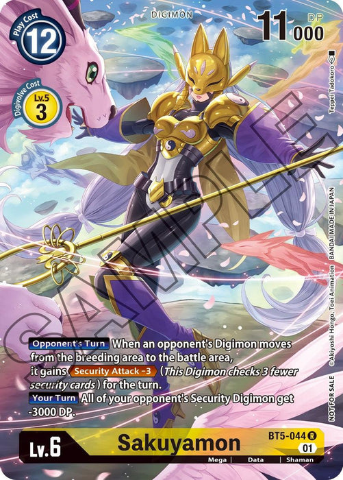 A Digimon card featuring Sakuyamon [BT5-044] (Tamer's Card Set 1) [Battle of Omni Promos] from the Battle of Omni set. She is a Level 6 Mega form Digimon with a golden helmet, armor, and a flowing armored dress. Her DP is 11,000, and she has a purple dragon-like creature behind her. The card lists her skills, evolution cost, and play cost with a colorful background.