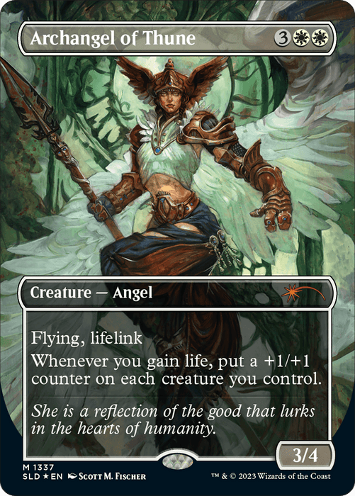 A mythic "Magic: The Gathering" card titled **Archangel of Thune [Secret Lair Drop Series]** from the Secret Lair Drop Series features Scott M. Fischer's artwork of a female angel in armor with wings and a spear, exuding serenity. Abilities include flying, lifelink, and a +1/+1 counter effect upon life gain; stats are 3/4 for this Creature Angel.