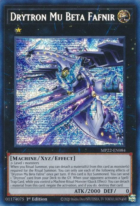 The Yu-Gi-Oh! trading card "Drytron Mu Beta Fafnir [MP22-EN084]" in Prismatic Secret Rare showcases an imposing mechanical dragon with a stunning holographic design enveloped by swirling lights. This card details its attributes, effects, and summoning requirements, boasting 2000 attack points and 0 defense points.