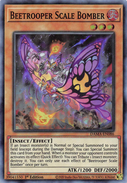 A Yu-Gi-Oh! card titled "Beetrooper Scale Bomber [DAMA-EN086] Super Rare" from the Dawn of Majesty series. It depicts a colorful, mechanical insect with vibrant wings and a stinger, soaring above a fiery background. Classified as an Effect Monster, it has 1200 ATK and 2000 DEF. Its ID is DAMA-EN086, and it's a 1st Edition.