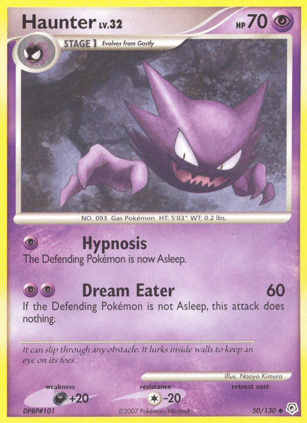 A Pokémon trading card featuring Haunter, a purple, ghost-like Pokémon with menacing eyes and claws. It evolves from Gastly and is a Stage 1 Psychic Pokémon with 70 HP. Part of the Diamond & Pearl series, this Uncommon card lists two abilities: Hypnosis and Dream Eater. The card has purple borders, stats, and an illustration of Haunter in the center—this is specifically the Haunter (50/130) [Diamond & Pearl: Base Set] by Pokémon.