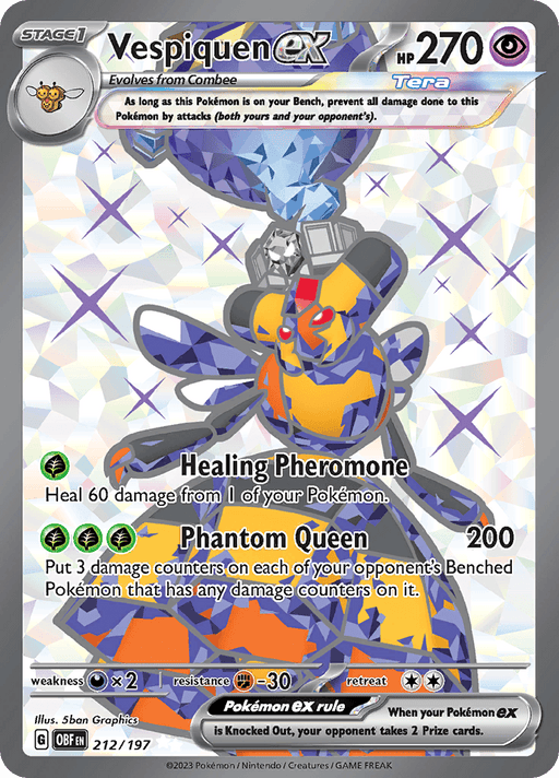 A Vespiquen ex (212/197) [Scarlet & Violet: Obsidian Flames] card from Pokémon features an illustrated bee-queen-like character with a beehive lower body in a dynamic pose. The Ultra Rare card includes details like HP 270, type Tera, moves Healing Pheromone and Phantom Queen, and boasts a colorful, holographic design.