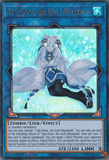 A Yu-Gi-Oh! trading card titled "Yuki-Onna, the Icicle Mayakashi [MAMA-EN014] Ultra Rare." This Ultra Rare Link/Effect Monster sports blue borders and features a female character with pale skin, white hair, and wearing a blue and white outfit. She floats among ice crystals. ATK/2400 and LINK-3 are noted.