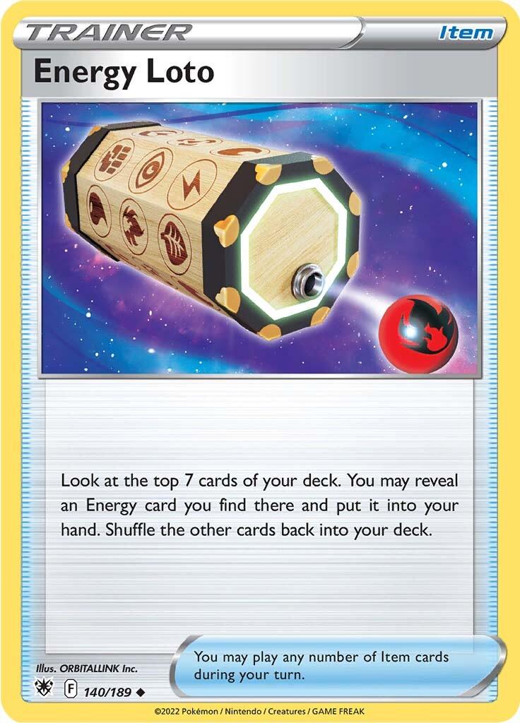 An *Energy Loto* (140/189) card from the Pokémon Sword & Shield: Astral Radiance set. The card showcases a hexagonal cylindrical object adorned with various energy symbols, prominently featuring a highlighted red Fire Energy symbol. Text offering game instructions is presented against a glowing, space-themed background.