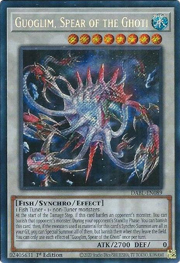 An image of the Yu-Gi-Oh! card "Guoglim, Spear of the Ghoti [DABL-EN089] Secret Rare." This Secret Rare Synchro/Effect Monster features a large, spectral fish-like creature with tentacles against an underwater backdrop. With 2700 ATK and 0 DEF, its specific effects and summoning conditions are detailed on the card.