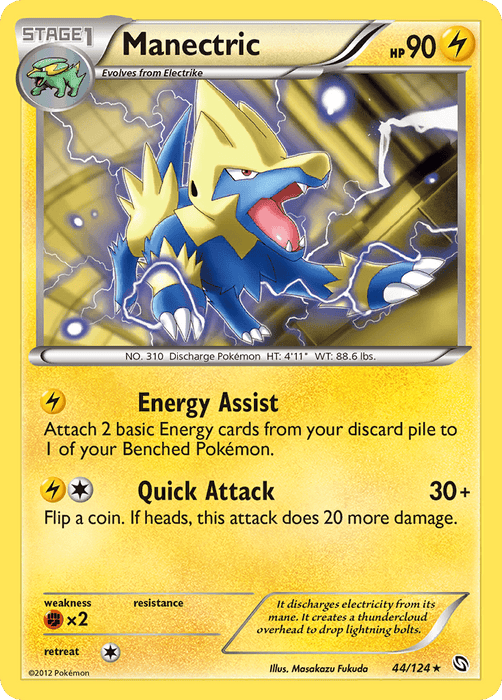 The image shows a rare Pokémon trading card from the Black & White: Dragons Exalted series for a Stage 1 Electric-type Pokémon named Manectric (44/124) [Black & White: Dragons Exalted]. The card features an illustration of Manectric, a blue and yellow wolf-like creature with jagged fur emitting electric sparks. It details 90 HP, the moves "Energy Assist" and "Quick Attack," and various stats.