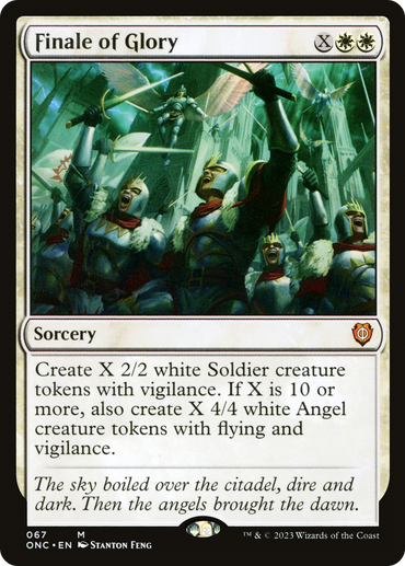 The Magic: The Gathering card, "Finale of Glory [Phyrexia: All Will Be One Commander]," is a mythic sorcery featuring imagery of armed soldiers wielding weapons beneath a stormy sky illuminated by beams of light. It details the creation of Soldier and Angel creature tokens with vigilance, while card set information can be found at the bottom.