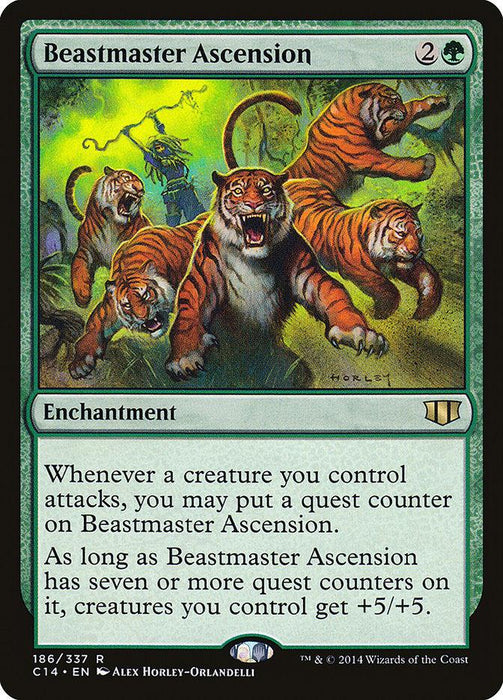 A Magic: The Gathering card titled "Beastmaster Ascension [Commander 2014]." This green Enchantment from Commander 2014 costs 2G (2 colorless, 1 green mana). The art depicts four tigers charging forward in a jungle. Its text describes placing quest counters and boosting creature stats by +5/+5.