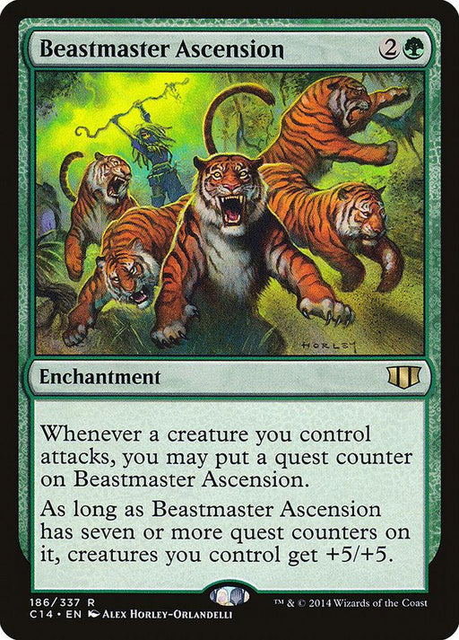 A Magic: The Gathering card titled "Beastmaster Ascension [Commander 2014]." This green Enchantment from Commander 2014 costs 2G (2 colorless, 1 green mana). The art depicts four tigers charging forward in a jungle. Its text describes placing quest counters and boosting creature stats by +5/+5.