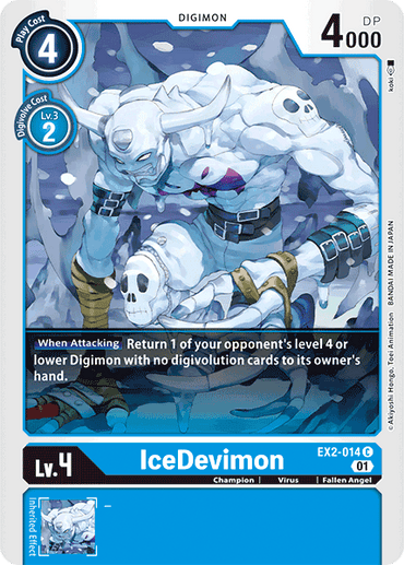 This trading card, IceDevimon [EX2-014] from the Digimon brand's Digital Hazard series, features a Fallen Angel Digimon with devilish characteristics and 4000 DP. As a Level 4 Champion, it provides information about its evolution cost, abilities, and its Digital Hazard attributes and type.