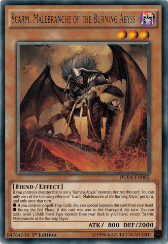 A "Yu-Gi-Oh!" trading card titled "Scarm, Malebranche of the Burning Abyss [DUEA-EN082] Rare." The card showcases Scarm, a dark fiend with bat wings, wielding a scythe and surrounded by flames. It's a Fiend/Effect monster with 800 ATK and 2000 DEF. The card text and stats are visible, with set number D.