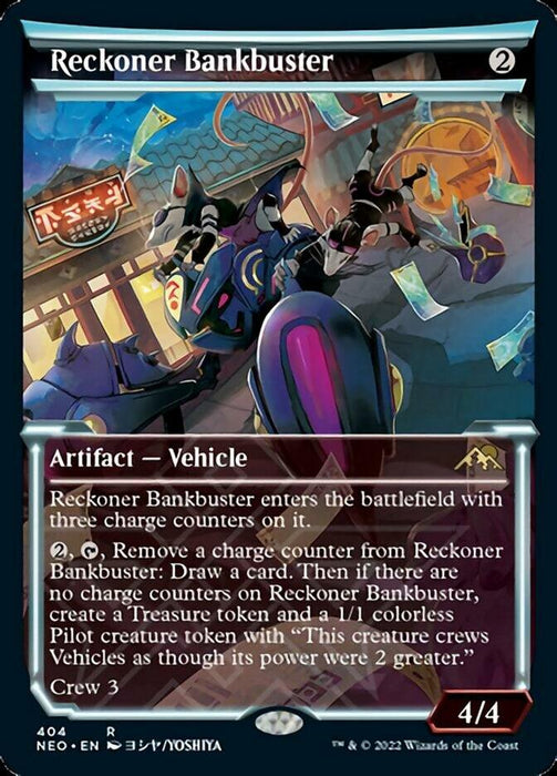 The image is the Magic: The Gathering card "Reckoner Bankbuster (Showcase Soft Glow) [Kamigawa: Neon Dynasty]," an artifact vehicle from Kamigawa: Neon Dynasty. It showcases a futuristic design featuring a purple, red, and blue robotic entity, acting as a luxury vehicle with money flying around it. The card text details its abilities, and it has a power/toughness of 4/4.